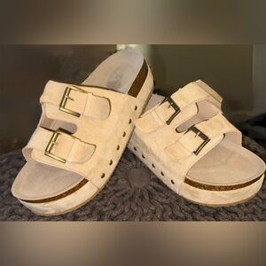 Beige Double Buckle Platform Sandals